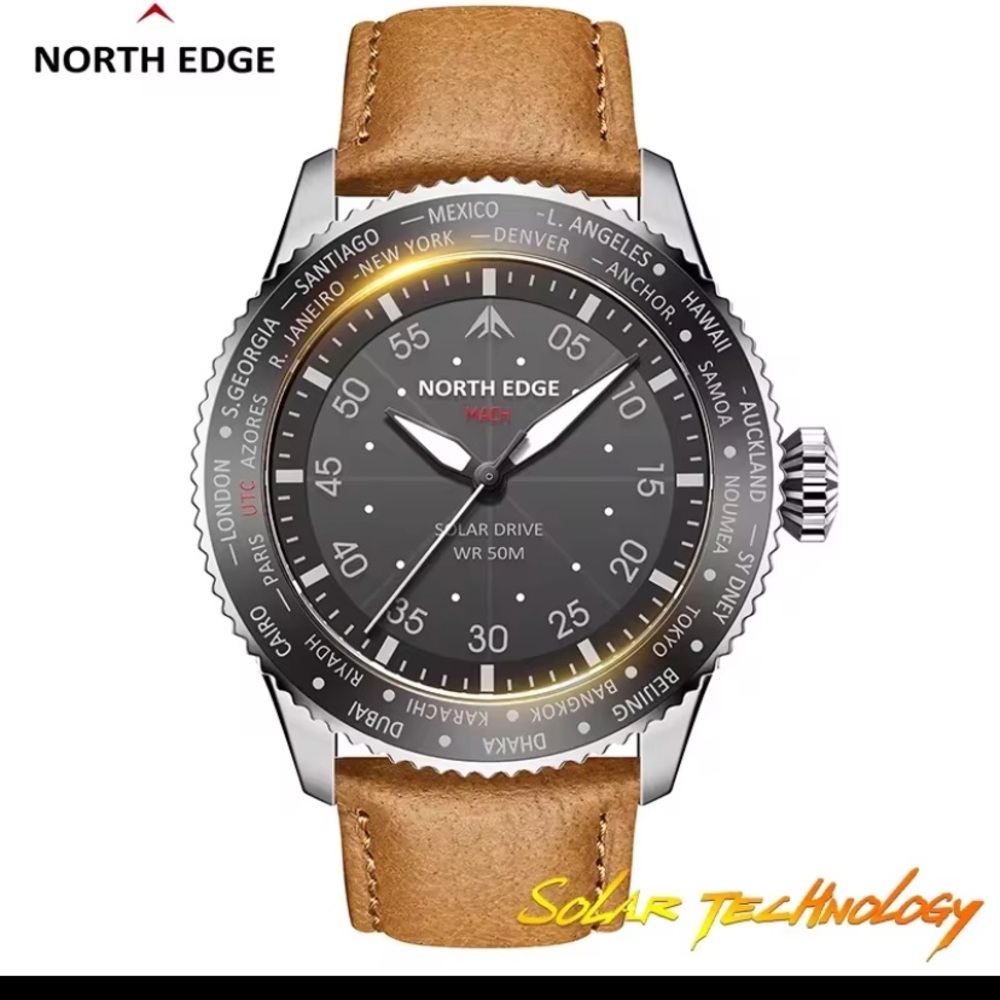New North Edge Solar Drive Watch with Brown Leather Strap